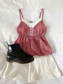 INAWLY Women's Red Plaid Button Design Casual Camisole - Red and White - View 1