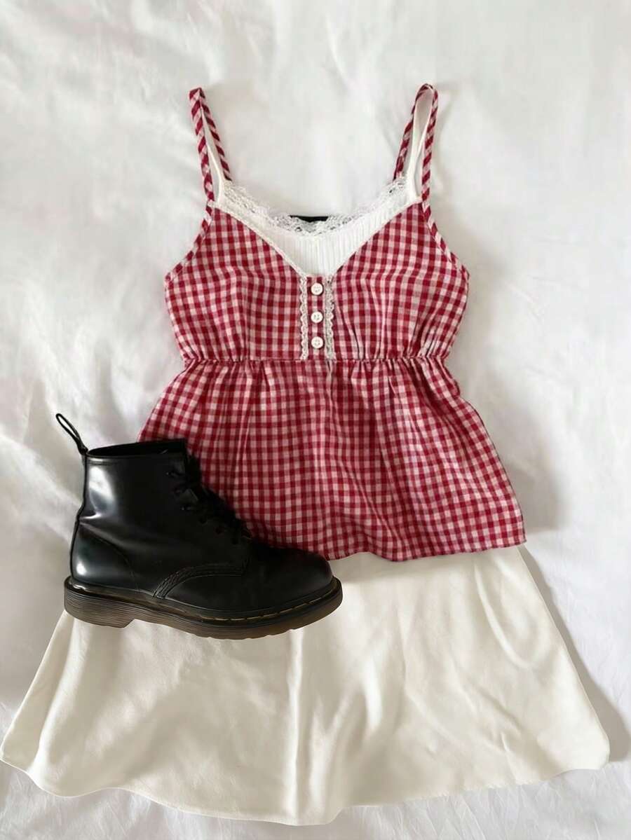 INAWLY Women's Red Plaid Button Design Casual Camisole - Red and White - View 1