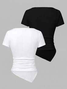 SHEIN Teen GirlMulti-Color Design Asymmetric Neck Ruched Waist + Metal Buckle Irregular Short Sleeve T-Shirt, Suitable For Spring And Summer Wear, Unique Asymmetric Neck Design, Ruched Waist, Metal Buckle Accent, Showcasing Personalized Fashion, Suitable For Daily, Party, Campus And Other Occasions - Black and White - View 2