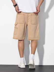 Chillumni 男士夏季新款卡其色时尚工装流苏牛仔短裤，水洗休闲牛仔短裤 - 卡其色 - 查看 2