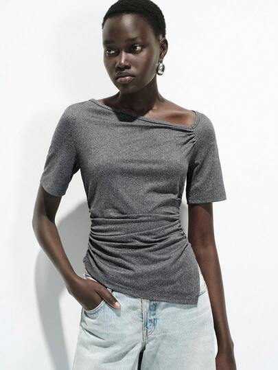 Lumivelle Women's Asymmetrical Hem Waist Ruched Oblique Collar Casual Short Sleeve Top, Suitable For Commuting And Daily Wear, Summer