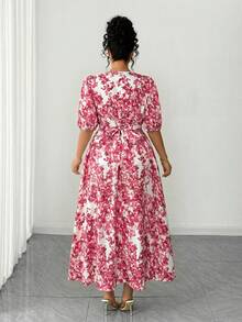 SHEIN Elenzya Plus Size Women Summer Vacation Casual V-Neck Petal Sleeve Waist Cinched Flared Dress Fall - Rose Red - View 2