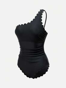 Swim Oasis Women's Black Summer Tropical Beach Vacation Holiday Swimwear,Solid Curved Edge One-Piece Swimsuit With Mesh Smocked Cover-Up Skirt&Straw Hat Set - Multicolor - View 9