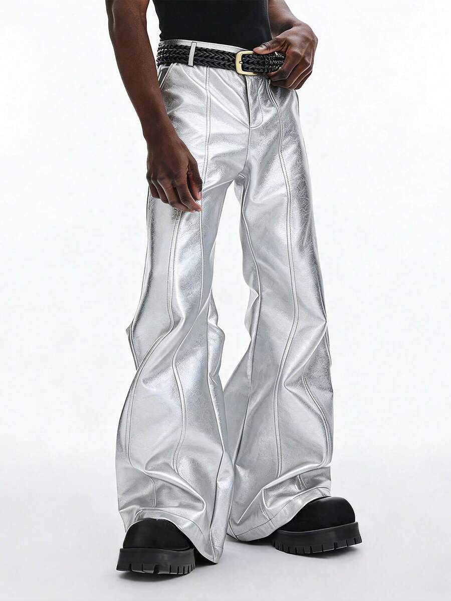 STYNVO Men's PU Leather Pocket Loose Fit Wide Leg Pants Silver Pants Flare Pants Metallic Pants Reflective Pants Rave Pants - Silver - View 1