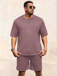 Manfinity Homme Plus Size Men's Crew Neck Short Sleeve Ribbed Loose T-Shirt Set - Pink - View 3