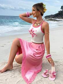 Selianne Ce Top de camisole à imprimé floral pour femmes, associé à une jupe asymétrique color-block de type trapèze en dentelle, est un ensemble parfait pour diverses occasions, notamment les vacances à la plage, les rendez-vous, les fêtes et les sorties. - Multicolore - Voir 3