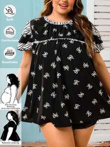 SHEIN CURVE+ 女士加大码荷叶袖蝴蝶结印花图案衬衫，娃娃衬衫 - 黑與白 - 查看 1