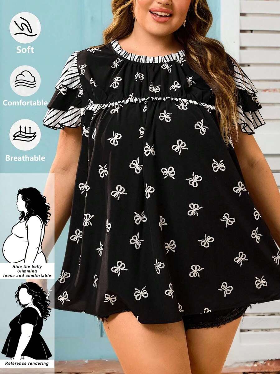 SHEIN CURVE+ 女士加大码荷叶袖蝴蝶结印花图案衬衫，娃娃衬衫 - 黑與白 - 查看 1