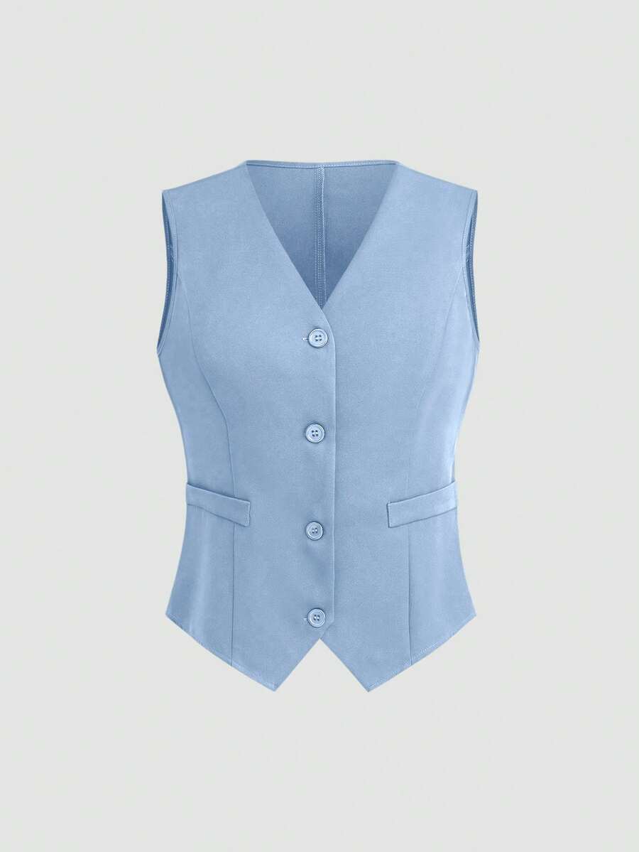 Qadelle Solid Color V-Neck Sleeveless Front Button Minimalist Fashion Vest - Baby Blue - View 1