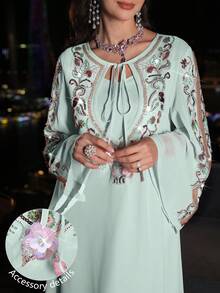 Layrah Elegant & Luxurious Heavily Embellished Pink Chiffon Flare Sleeve Dress, Spring/Summer - Mint Green - View 6