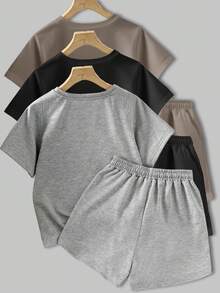Bộ áo thun và quần short nữ màu trơn, vai thường, dáng rộng. - Màu Khaki - Xem 2