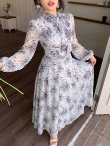 Modelyn 女士紫色系带领褶皱腰身连衣裙，适合春秋季户外穿着 - 紫色 - 查看 7