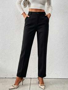 Women's Solid Regular Fit Straight Leg Seam Detailed Elegant Good Quality Pants - Black - View 3