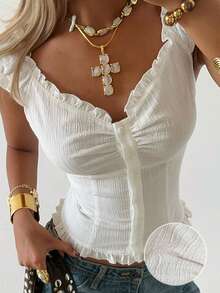 SHEIN EZwear 女士白色梭织荷叶边纽扣衬衫 - 白色 - 查看 2