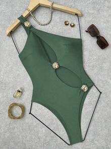 Bonvoyette Solid Color Hollow Out Asymmetric Metal Decor Swimsuit, One-Piece, Suitable For Beach Vacation - Dark Green - View 4