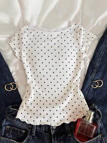 Airaco 白色波点蕾丝V领短袖T恤女款，褶皱腰部荷叶边下摆露脐甜辣风上衣 - 白色 - 查看 2