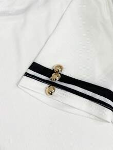 Resyla Camiseta de manga corta casual de mujer con ribete de contraste, verano - Blanco - Ver 3