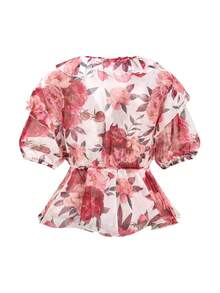 Gownix Elegant Light Pink Floral Summer Ruffle Trim Shirt And Wide Leg Pants Set,Women's Casual Outfit For Tea Party,Mother's Day And High Tea - Hot Pink - View 2