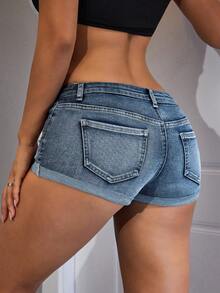 Jeanoix Sexy High Street Low Waist Mini Denim Shorts, Summer - Dark Wash - View 2