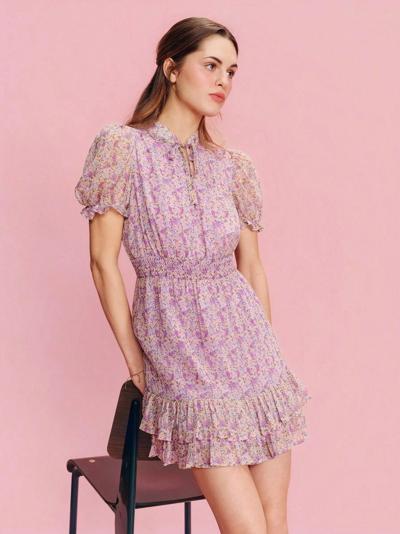 Lilac Floral Boho Mini Ruffled Dress With Keyhole Details And Puffy Sleeves Spring Summer Vacation Dress Holiday Dress Wedding Guest Dress Going Out French Style Parisian Style
