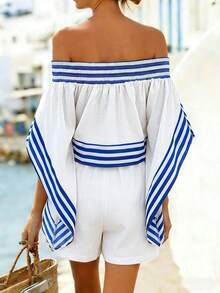 Hotletica 女士时尚两件套，露肩不对称条纹短袖上衣搭配松紧腰短裤，春夏休闲沙滩装 - 彩色 - 查看 2