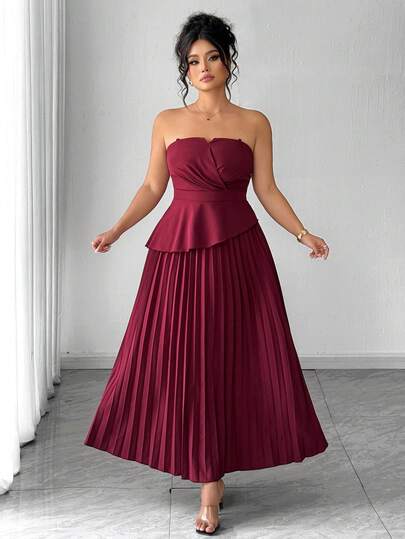 Elenzga Plus Size Women's Elegant Irregular Hem Crop Top & Ruffle Hem Skirt 2-Piece Set, Suitable For Outing, Party, Birthday, Summer Solid Color