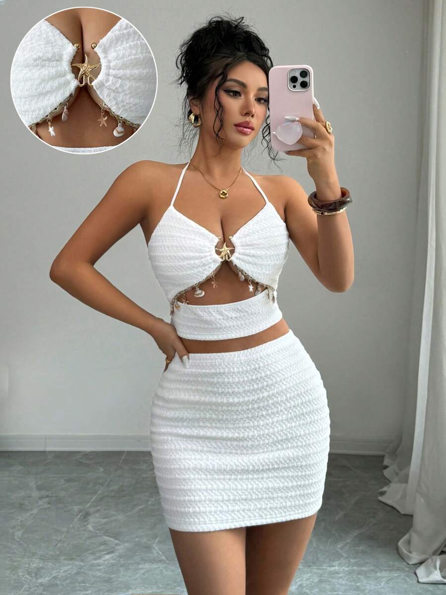 Selianne Women's Summer Fashion Vacation Outfit, Shell Metal Decor Camisole + Mini Skirt Beach Vacation White Tropical - White - View 1
