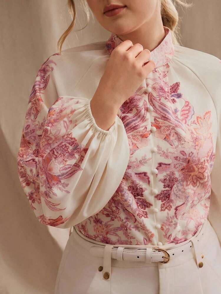 Anewsta New Summer Vacation Casual Romantic Pink Floral Placement Print Stand Collar Raglan Sleeve Elegant Plus Size Women Blouse