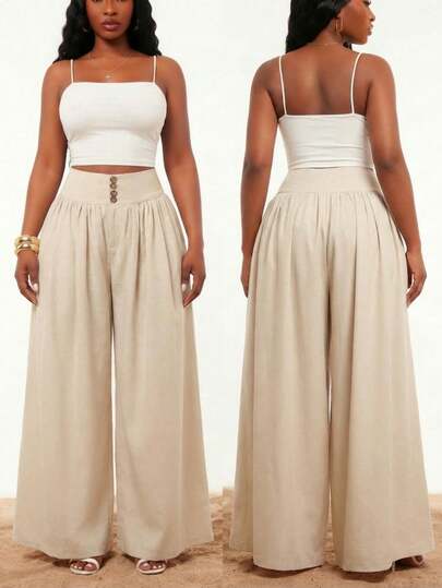 SHEIN SXY Quần ống rộng xếp ly cạp cao màu kaki với chất liệu giống vải lanh. Phong cách thường ngày, thanh lịch, phóng khoáng, thích hợp cho mùa xuân/hè, đi nghỉ mát, du lịch, lễ hội âm nhạc, hòa nhạc, tiệc hóa trang, kỳ nghỉ biển, hẹn hò, sinh nhật, tiệc độc thân, câu lạc bộ. Dễ thương, thoải mái, đi mua sắm, dạo phố, đi chơi. Dễ phối đồ và giúp bạn trông thon gọn hơn, tôn dáng.