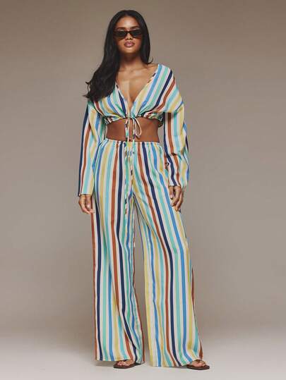 MUSERA Wide Leg Stripe Linen Look Trousers Beach Cover Up Boho Beach Festival Spring Summer Vacation Holiday Classy Elegant Night Out Date Night