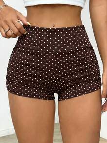 SHEIN EZwear Short de cyclisme plissé à pois marron et blanc pour femmes, convient pour le cyclisme, le yoga, les sports en été. Short à pois rétro, américain décontracté, short de cyclisme, short de sport, avec taille affinante et fessiers rehaussés - Multicolore - Voir 4