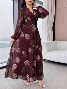 Modelyn Women's Floral Print Lace Trim Ruffle Elegant Waist Cinched Long Party Dress - Burgundy - View 6