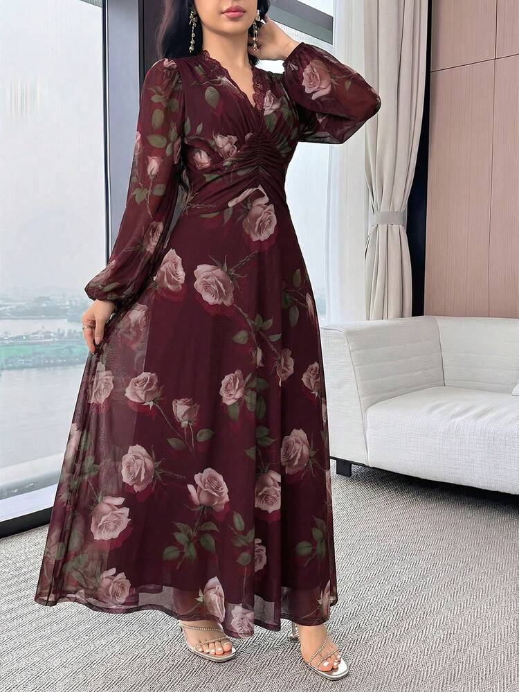 Modelyn Vestido largo de fiesta elegante con cintura ceñida, volantes y adorno de encaje con estampado floral para mujer - Burdeos - Añade 5