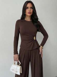 Firerie Bộ đồ nữ thường ngày thanh lịch gồm áo dài tay và quần ống rộng, chất liệu dệt kim, thân thiện với da, thích hợp mặc hàng ngày. - màu nâu - Xem 4