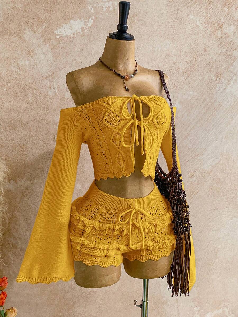 SHEIN WYWH 女士纯色露肩系带毛衣和针织短裤休闲两件套 - 黃色 - 查看 1
