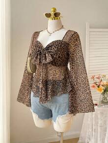 SHEIN CURVE+ 大码女式复古豹纹花瓣袖方领上衣，秋冬款 - 彩色 - 查看 2