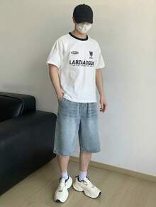SHEIN 青少年男孩时尚返校节街头服饰混搭百搭设计 Y2K 复古酷炫街头老钱返校节街头服饰混搭百搭设计棉质弹力腰带口袋返校节街头服饰混搭百搭设计牛仔短裤，日常夏季春季锐舞节和海滩穿着 - 藍色 - 查看 3