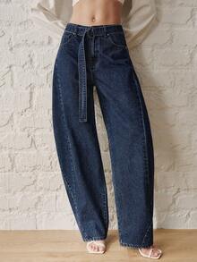 Anewsta Essential Navy Blue Wide Leg Jeans Everyday Summer Casual - Blue - View 10