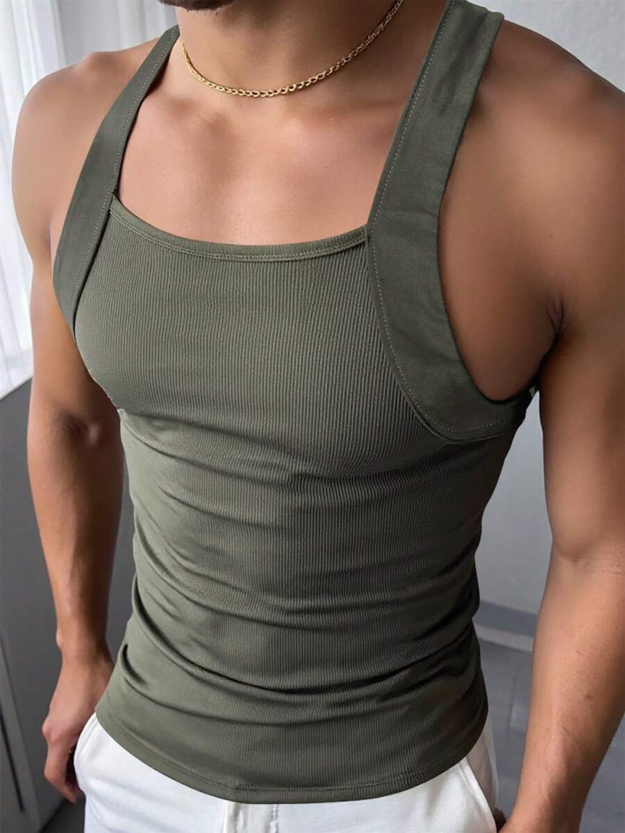 Manfinity Dauomo Men's Plain Casual Sleeveless Top, Minimalist Style For Daily Wear - Army Green - View 1