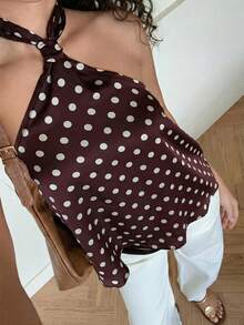 Áo mùa hè cho thiếu nữ, áo hai dây buộc cổ thắt nút kiểu dáng thường ngày, áo kiểu bohemian, áo chấm bi mềm mại, áo kiểu bohemian. - màu nâu - Xem 4