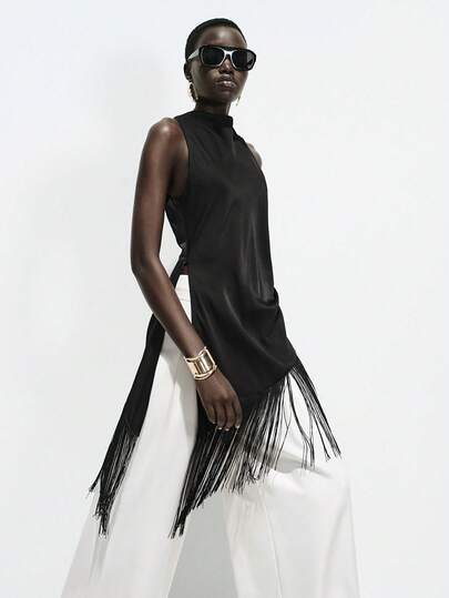 Lumivelle 女士黑色缎面衬衫，垂褶领口，高开衩设计，流苏拼接，优雅浪漫复古风，适合春夏各种场合，如休闲、机场、约会、时装秀、派对、婚礼等。