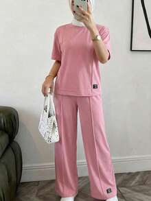 Solavon 2 件女式纯色圆领长袖上衣和裤子套装，日常休闲装，休闲装运动服 2 件套休闲套装，适合散步/运动/返校和日常休闲装 2 件套 - 西瓜粉 - 查看 8