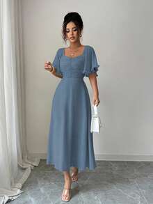 Modelyn Đầm mùa hè kiểu Pháp dành cho nữ, màu vàng bơ trơn, chất liệu chiffon, thiết kế tay bồng. - Xám Xanh - Xem 7