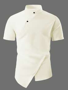 Manfinity Homme Men's Simple Off-White Button Asymmetric Hem Short Sleeve Shirt, Summer Vacation Casual Elegant - White - View 3