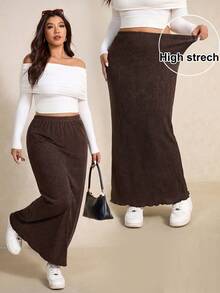 Elaquor Plus Size Women Solid Color Elastic Waist Casual Long Skirt - Brown - View 1
