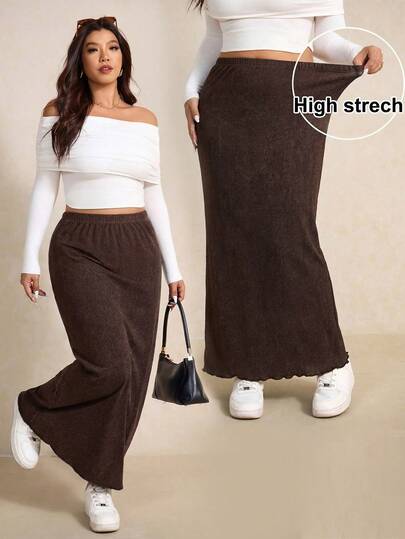 Elaquor Plus Size Women Solid Color Elastic Waist Casual Long Skirt