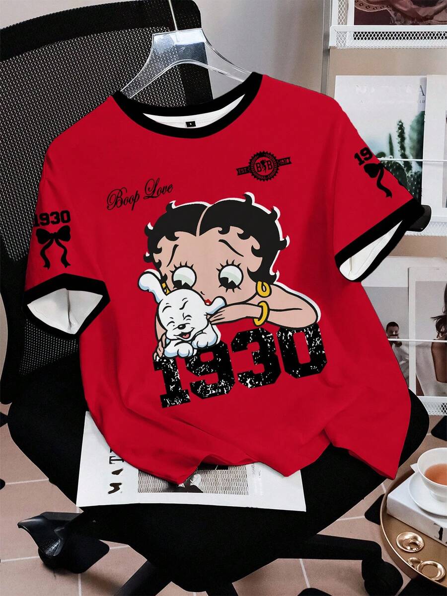 Betty Boop x SHEIN 女士圆领卡通字母印花休闲百搭日常短袖T恤 - 白色 - 查看 1