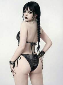 ROMWE Goth 女士露背吊带无袖镂空修身连体泳衣，夏季时尚之选 - 黑色 - 查看 2