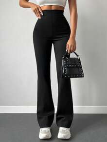 SHEIN Plus Size Women Casual Black Solid Color High Waist Flare Leg Pants - Black - View 5