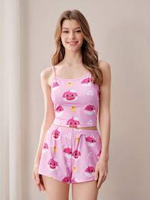 BABY SHARK X SHEIN Bộ đồ ngủ nữ không tay in họa tiết dễ thương - Hồng - Xem 1